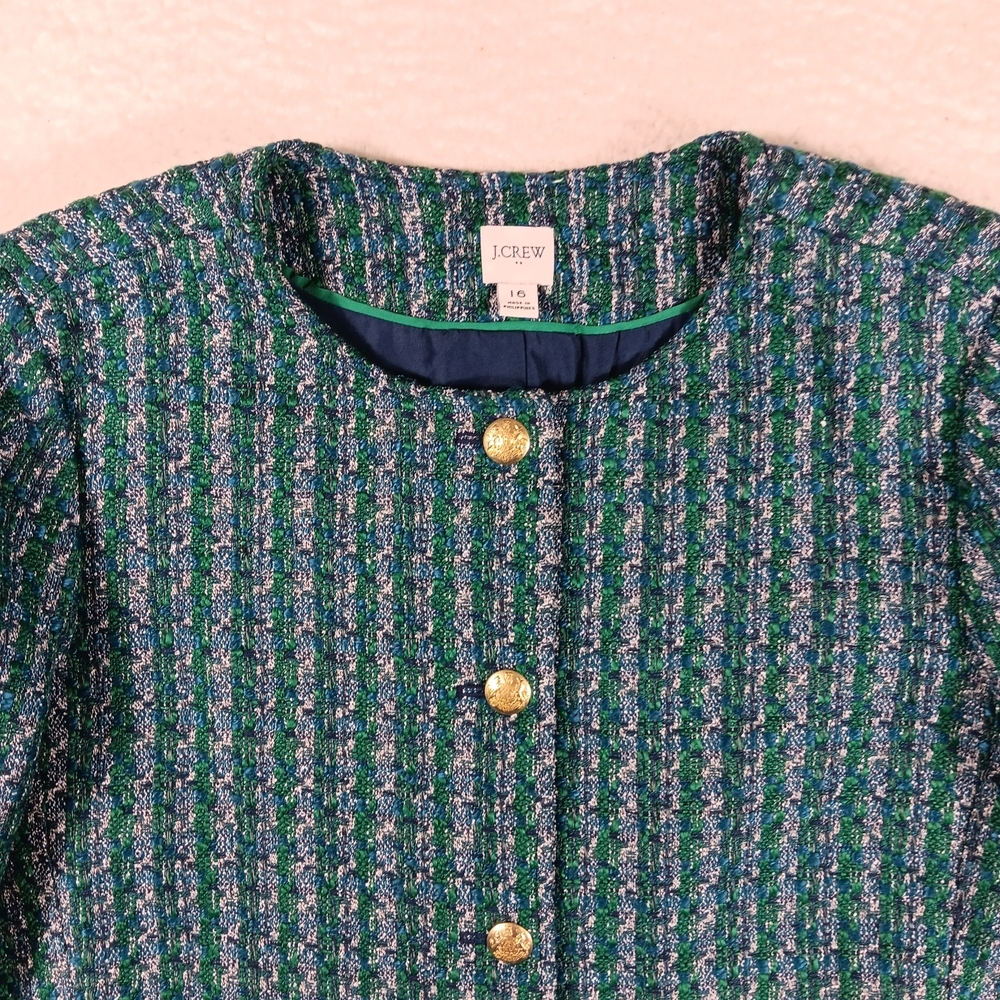 J. Crew Tweed Lady Jacket Womens 16 Green Textured Gold Creat Buttons Career - Picture 5 of 13